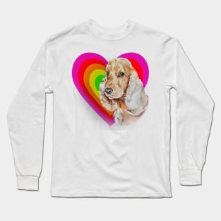 Big brown eyed cocker spaniel in a rainbow glowing heart Long Sleeve T-Shirt